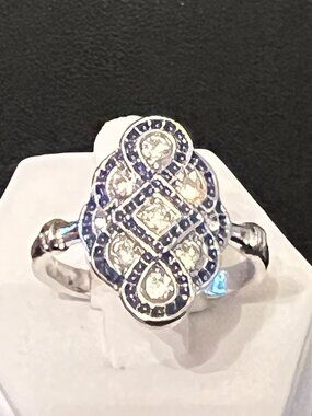 Silverplated Enamel Blue and Clear Stone Ring Size 11 (359)
